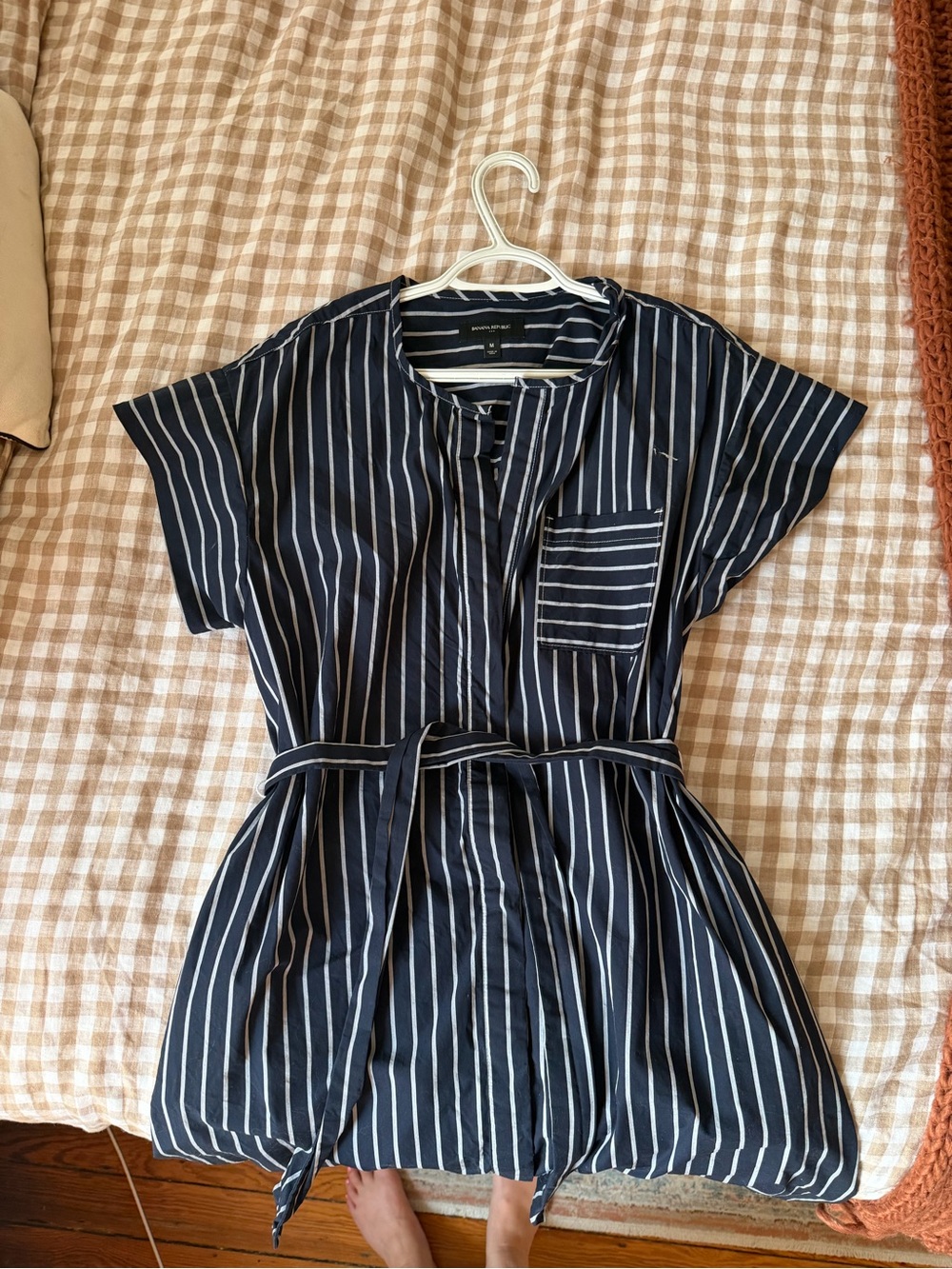 Banana Republic Navy & White Striped Midi Shirt Dress with Waist Tie - Picture 3 of 5